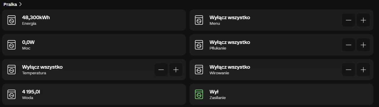 Loxone app - pełna kontrola pralki: energia 48,3 kWh, woda 4195 l, sterowanie temperaturą, wirowaniem i płukaniem