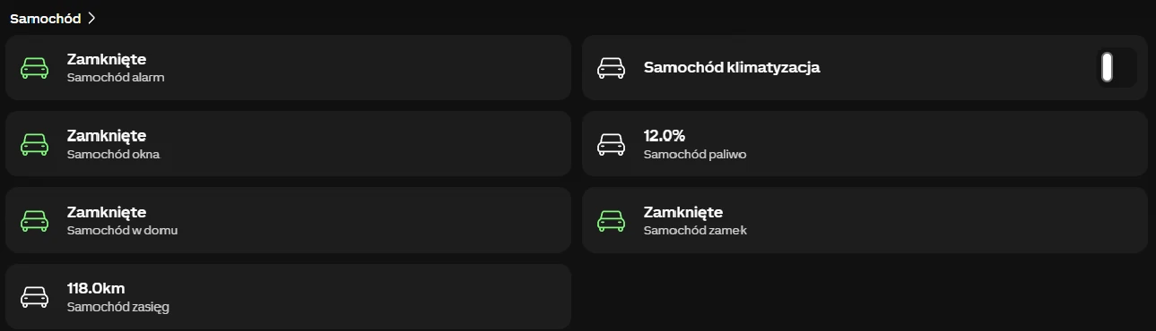 Loxone app - integracja z Mercedesem: status alarmu, okien, zamka, zasięg 118 km, paliwo 12%, samochód w domu