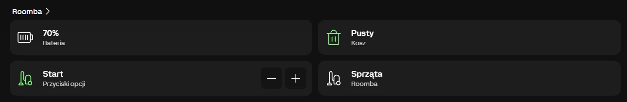 Loxone app - Roomba w trakcie sprzątania: bateria 70%, kosz pusty, status Sprzątą